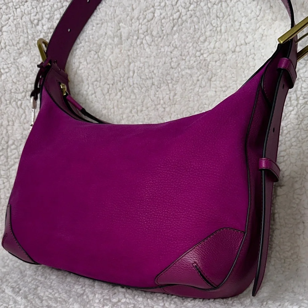 Fossil Hannah Hobo Leather & Suede Purple Magenta Shoulder Bag NWOT w/Key Charm